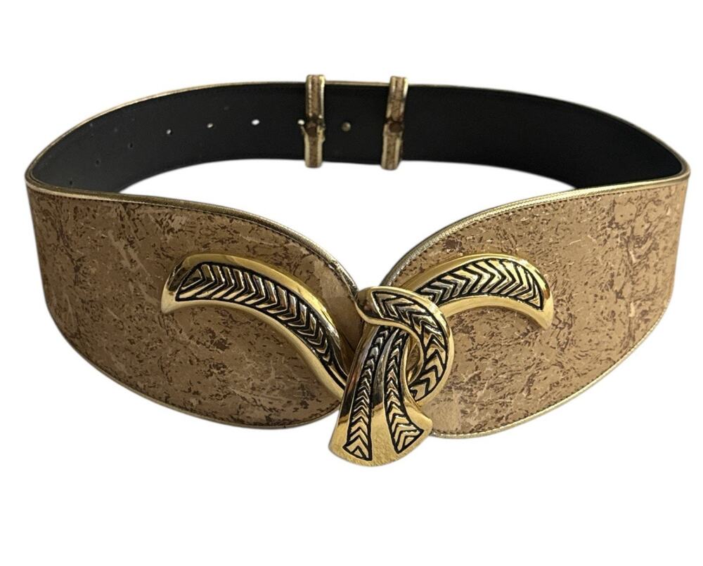 Vtg Belt Julius Resnick Y2K Wide Faux Cork Gold Hook Buckle Boho Hippie Adjustab